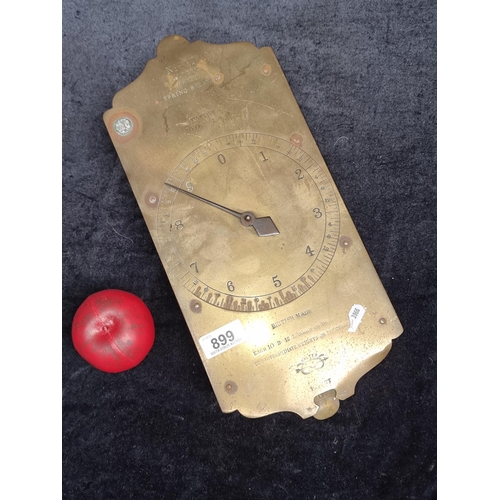 899 - A wonderful mid century heavy brass Salter's spring balance scales. Retaining the lead assay stamp t... 