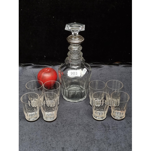 903 - A beautiful set of eight vintage Baccarat French drinking glasses along with a cut glass decanter wi... 