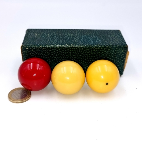 937 - A set of three vintage Billiard Belgian Aramith balls, held in a smart Shagreen style travel case.