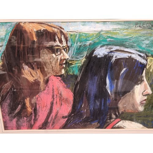 132 - Star Lot: A large original Patrick Leonard (b.1918 - d.2005) mixed media painting titled 'Two Girls ... 