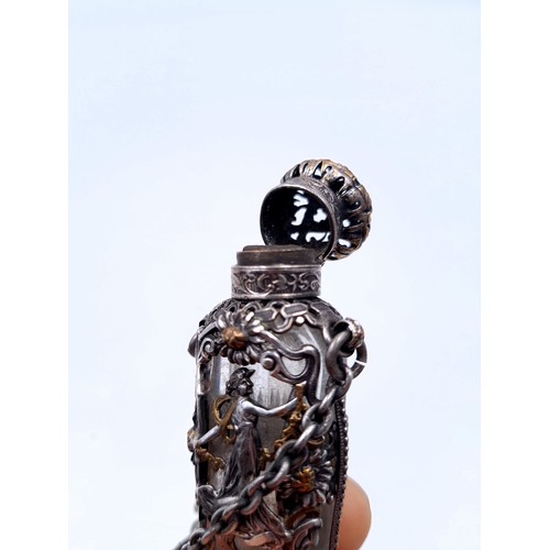 17 - An antique, art nouveau style perfume vile / bottle with hinged lid. Set in attractive detailed moun... 