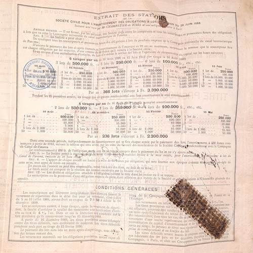 19 - A rare share antique 1889 certificate relating to the building of the Panama canal. Item in good con... 