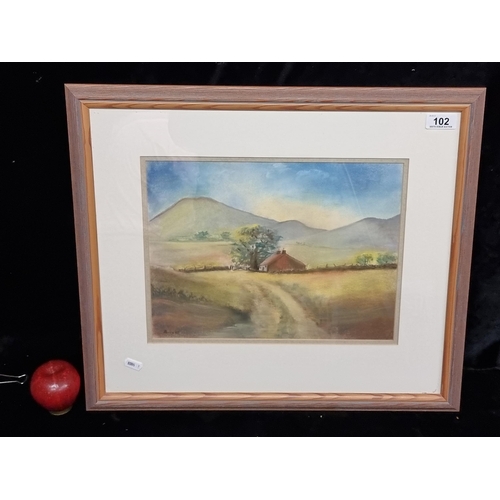 102 - An original pastel on paper painting featuring rural landscape scene of a farmstead nestled in the s... 