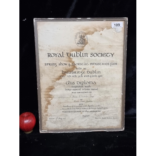 109 - An interesting vintage Diploma awarded by The Royal Dublin Society for the Spring Show and Saortát I... 