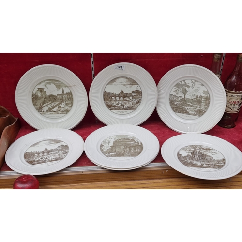 374 - A collection of seven mid century Wedgewood collectors decorative plates, each featuring etched scen... 