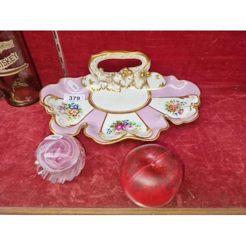 379 - Two very pretty Pink items, including a Scottish made glass-art paper weight and a vintage condiment... 