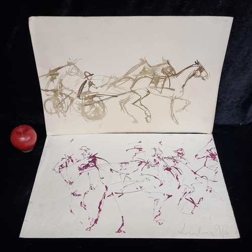 63 - A fabulous pair of dynamic ink on watercolour paper sketches featuring energetic studies of horses i... 