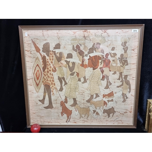 74 - A fabulous large original batik fabric print showing a traditional African tribal scene of figures t... 