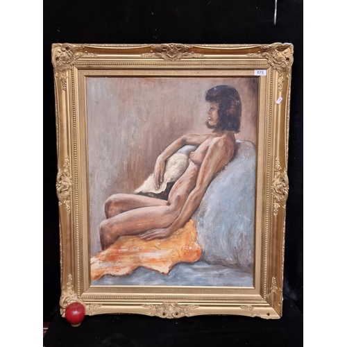 75 - A large striking vintage original oil on linen canvas painting of a female nude sitting in profile. ... 