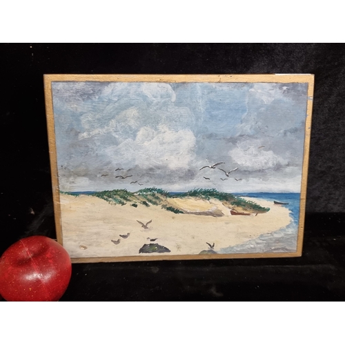 77 - A delightful vintage original oil on birch panel featuring a coastal landscape scene of sandy dunes ... 