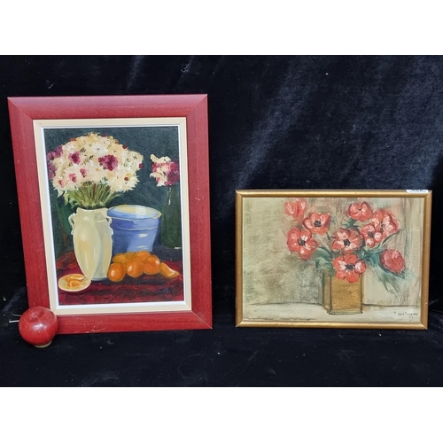 82 - A pair of original still life oil paintings including one on canvas featuring a study of poppies sig... 