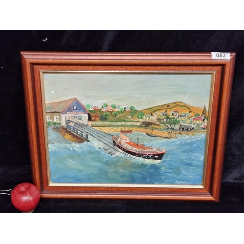 83 - An original oil on board painting showing a landscape scene of a lifeboat being launched in a naïve ... 