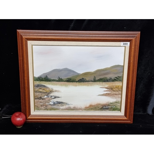 89 - An original oil on board painting showing a stark landscape scene of a still lake in the shadow of r... 