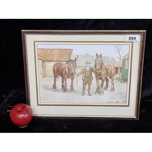 94 - An original watercolour on paper painting featuring a tweed clad farmer and his two pride farm horse... 