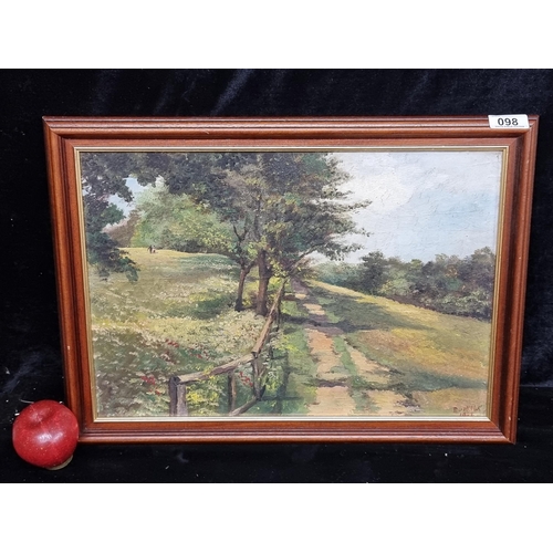 98 - A vintage original oil on board painting of a landscape scene with a couple running through the flow... 