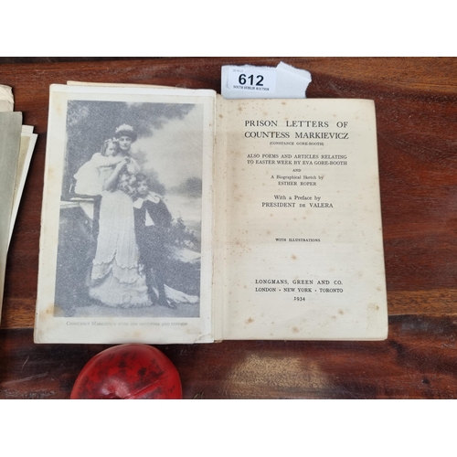 An antique hardback book titled 'Prison Letters of Countess Markievicz' with a preface by President Eamon De Valera dating to 1934 and published by Longmans, Green and Co. London. Contains photographs of the Countess.