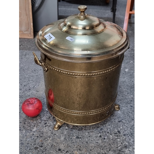 715 - A fabulous vintage brass lidded coal scuttle with insert, handles to both sides and boasting beaded ... 