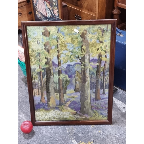 732 - A fabulous hand embroidered landscape scene, featuring a thick forest of tall trees in full bloom. R... 