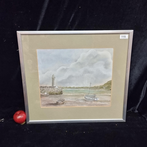 An original pastel on paper painting of a coastal landscape scene featuring a harbour at low tide. Rendered in fine detail in a palette of blue greys. Signed Carl Strickland bottom left and housed in a brushed chrome frame with complementary green matting. Sticker to verso reads "St. Ives Cornwall." Signature inconsistent with the known artist.