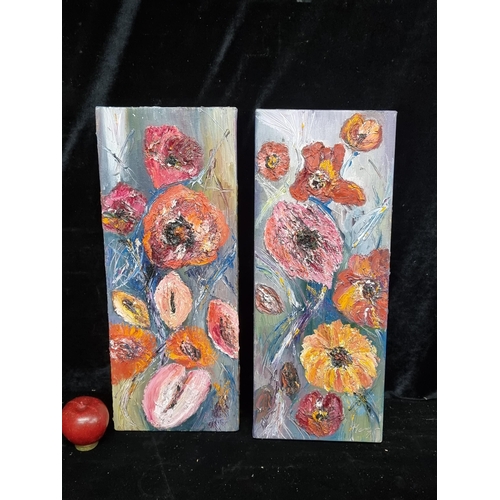 120 - A pair of oil on canvas paintings featuring bold expressionistic floral compositions. Rendered in th... 