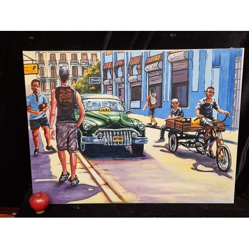 121 - An eyecatching original acrylic on canvas painting featuring a bright Cuban street scene bustling wi... 