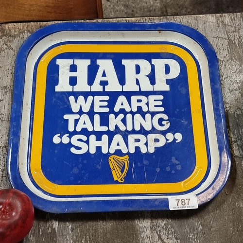 787 - A fantastic vintage metal drinks tray for Harp Lager in the traditional blue, yellow and white colou... 