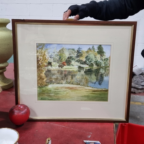 805 - An original watercolour painting featuring a lakeside landscape with various flora in the background... 