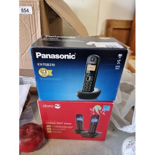 855 - Two as new items including a pair of Doro Twin Cordless DECT Telephones and a Panasonic KX-TGB-210 D... 