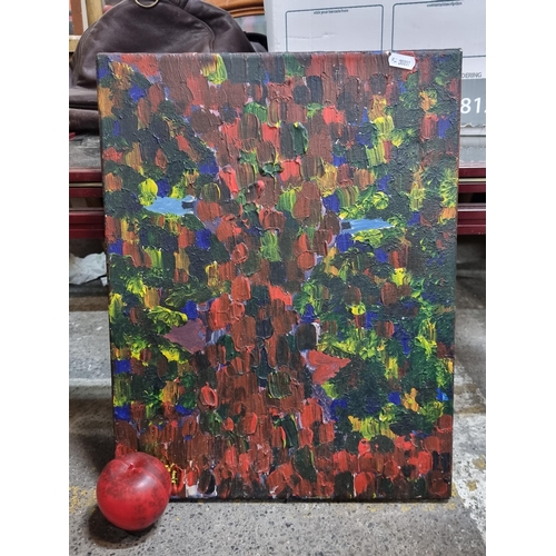 920 - A vibrant original oil on canvas painting of an all over abstract composition in thick impasto brush... 