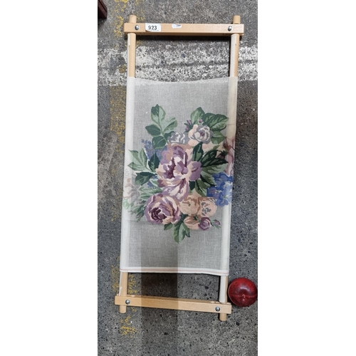 923 - A charming unfinished tapestry on stretcher featuring roses and foliage. Would make an ideal project... 