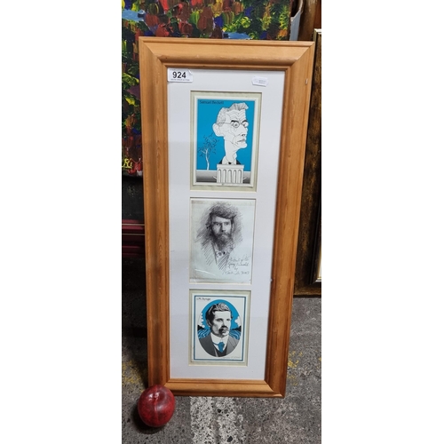 924 - A collection of 3 prints of Irish interest featuring portraits of Samuel Beckett, J.M Synge original... 