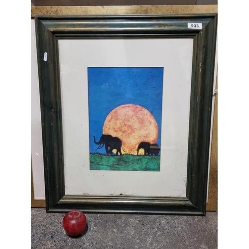 933 - A print of a painting originally by the artist Tony Sharp showing two elephants silhouetted against ... 