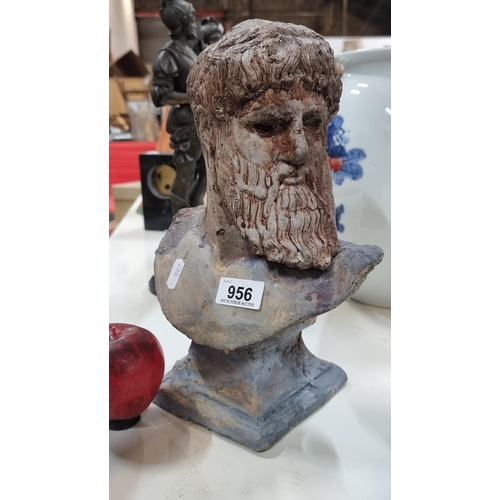 956 - A stunning antique early solid heavy stone bust of Zeus. Signed to base.