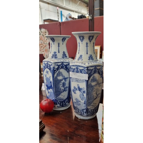 733 - A pair of ceramic blue Chinese and white vases featuring a flora and fauna motifs.