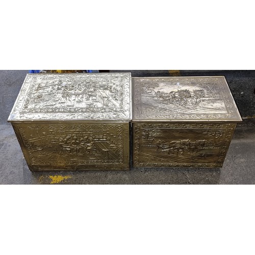 888 - Two vintage brass firewood boxes featuring a tavern and a farming scene. H40cm x W58cm x D35cm.