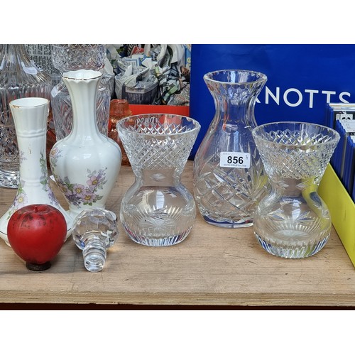 856 - Six crystal and ceramic items including a pair of vases from Cavan Crystal along with Royal Tara bud... 