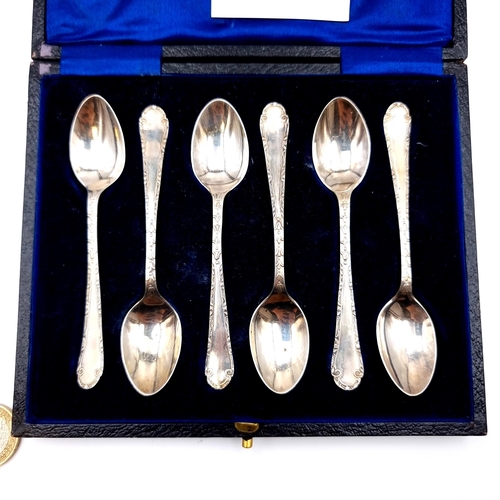 1 - A fine set of six bright cut antique sterling silver George 6th tea spoons featuring lovely scroll m... 