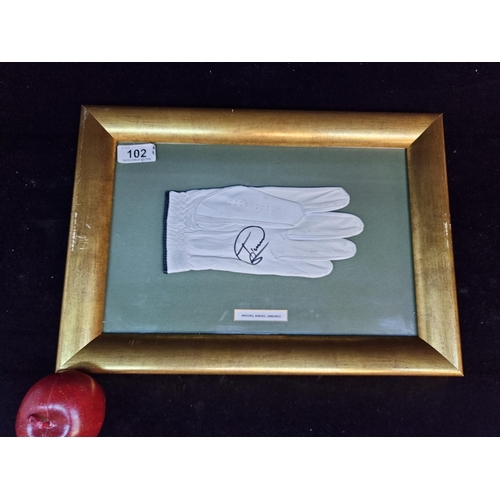 102 - A collectible golfing glove hand signed by the Spanish golfer Miguel Angel Jimenez. Housed in a fram... 