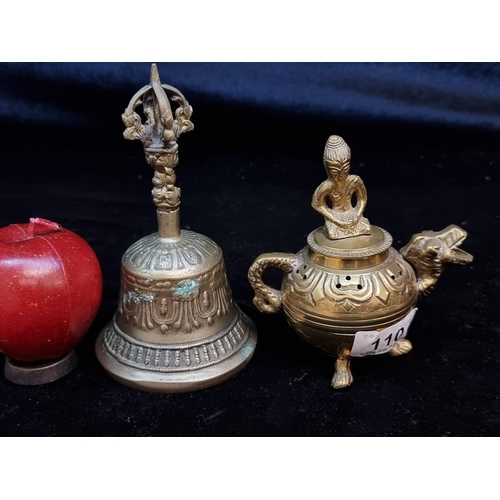 110 - Two vintage Indian items including a brass incense burner in the form of a pot featuring a dragon sp... 