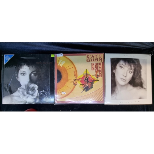 117 - Three Kate Bush vinyl albums including 'The Kick Inside', 'The Whole Story' and 'The Sensual World'.