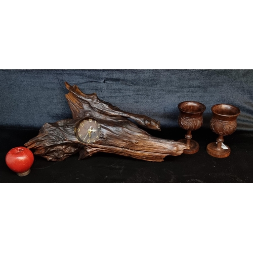 159 - Three wooden items including a large interesting driftwood mantle clock in a natural form. Along wit... 