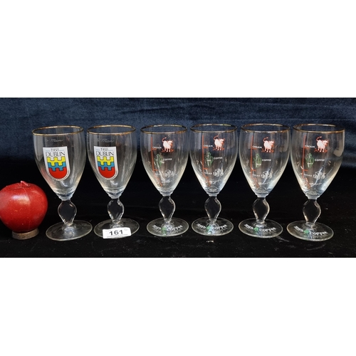 161 - Six charming stemmed Irish coffee glasses including a pair commemorating 1,000 years of Dublin. In v... 