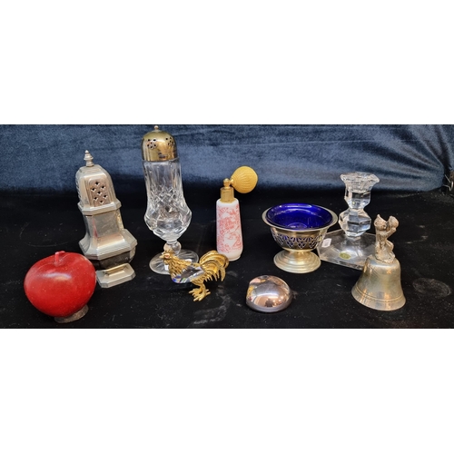 171 - Eight items including a Waterford Crystal sugar shaker, a crystal candle holder and a bon bon dish w... 