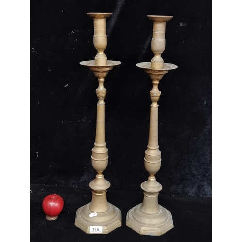 176 - A magnificent pair of very tall Victorian Church brass candlesticks with removable drip trays to top... 