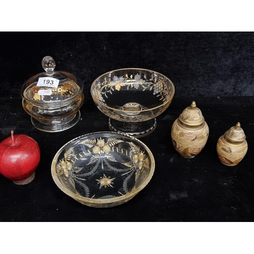 193 - A selection of five items including three glassware items including a beautiful pedestal bowl and a ... 