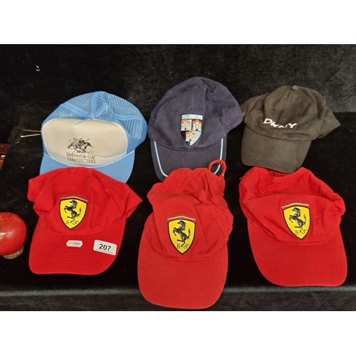 207 - A wonderful collection of vintage baseball caps including three Ferrari examples and a Melbourne Cup... 