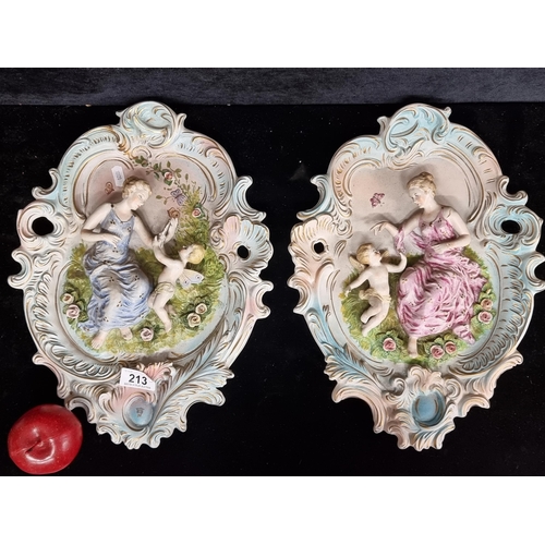 213 - A pair of fabulous Italian mid century ceramic wall plaques depicting a cherub and a young women in ... 