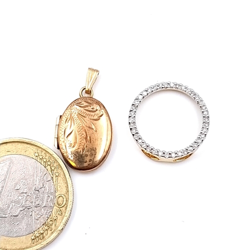 22 - Two items, including a 9 carat gold hinged locket, set with incised floral detail. Together with a 1... 