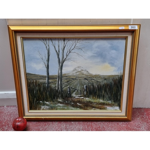 262 - An original oil on canvas painting titled 'Snow on Slemish' by F. James Grimes. Features the titular... 