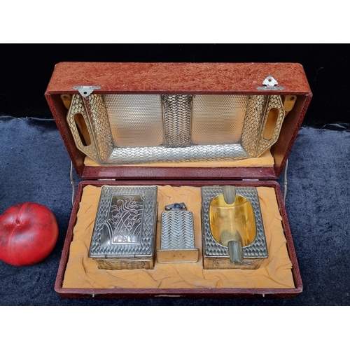 272 - A smart mid century gentleman's smoking set with table top lighter, ashtray, tobacco box and tray. I... 